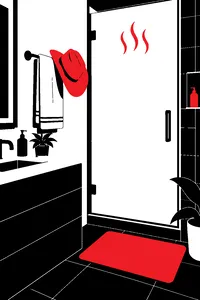 A steamy bathroom with a glass shower door fogged up and a cowboy hat hanging on the towel rack.