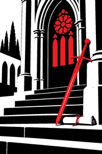 A greatsword resting on the steps of a stone sept, a rolled-up blank poster tied with twine beside it.