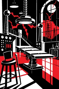 A crackling 1930s laboratory with electrical towers and an operating table, a top hat and cane on a stool.