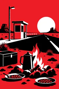 A desert campfire with a cowboy coffee pot and tin plates of beans, a toll booth standing alone in the empty prairie.