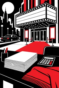 A Broadway marquee with blank lettering, a stack of signed investor contracts and an accountant's blue blanket on a desk.