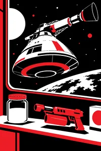 A huge spaceship shaped like a flying maid, a jar of canned air and a plastic flamethrower toy on a shelf.