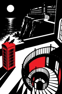 A cliff-top psychiatric institute at night, a spiral staircase seen from above and pigeons on a phone booth.