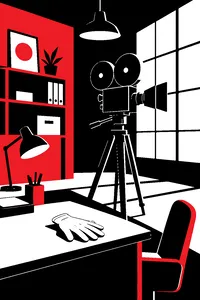 An old movie camera on a tripod in an empty studio office, a single white mime glove on the desk.