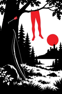 A forest clearing with a longbow, a pair of green tights drying on a branch and an arrow in a tree.