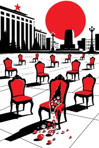 Twelve matching ornate dining chairs scattered across a Soviet-era city square, one slashed open with jewels spilling out.