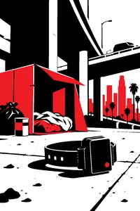 A cardboard box shelter under a Los Angeles freeway overpass, an electronic ankle monitor on the pavement.