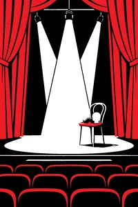 An empty Warsaw theater stage with a red curtain, a skull prop and a fake mustache on a chair.