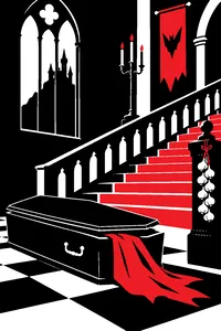 A gothic castle staircase with a coffin at the foot, a cape caught under the lid and a garlic braid on the banister.
