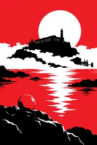 The silhouette of a lonely island prison in a foggy bay at sunset, a single green glass sphere glowing on a rock in the foreground.