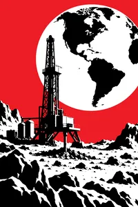 A drilling rig planted on the craggy grey surface of an asteroid, with planet Earth hanging enormous behind it.