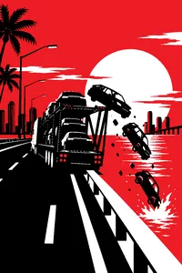 A car carrier truck on a Miami causeway at sunset with cars tumbling off its back deck.