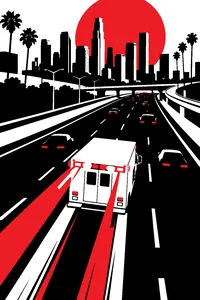 A boxy ambulance speeding down a downtown Los Angeles freeway seen from a dizzying drone angle, sirens streaking red and blue.