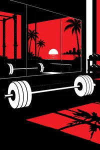 A chrome barbell on a gym floor in front of a mirrored wall reflecting palm trees and a pink Miami sky.