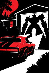A yellow muscle car with black stripes parked at night in a suburban driveway, its headlights casting a giant robot-shaped shadow on the garage.