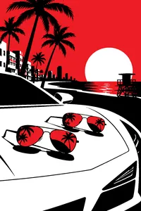 Two pairs of aviator sunglasses on the hood of a silver sports car parked by a Miami beach at golden hour.