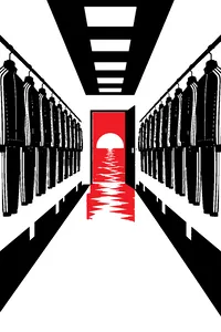 A sterile white corridor of identical white tracksuits on hangers, with one door at the end opening onto a blue ocean.