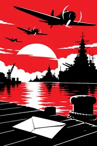 Vintage propeller planes flying low over a harbor of battleships at dawn, a single dropped love letter on a dock in the foreground.