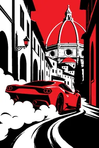 A neon-green sports car skidding through a narrow Renaissance street, a terracotta dome rising behind it.