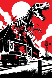A giant metallic dinosaur skeleton stomping through a dusty Texas barn, a pickup truck in the foreground.