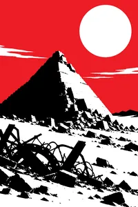 A crumbling desert pyramid with a tangle of scrap metal piled at its base under a harsh sun.