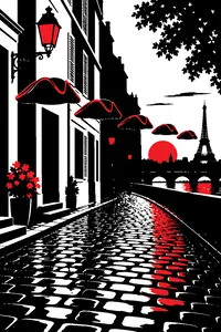 A Parisian cobblestone street at dusk with a row of empty tricorne hats floating at head height, no one beneath them.