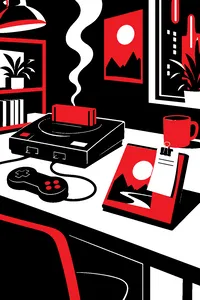 An old game console smoking on a desk under neon lights, a returned game case with a refund slip clipped to it.