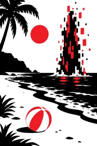 A sandy island shoreline with a jagged block of scrambled colorful pixels rising from the surf, a red-and-white ball on the sand.