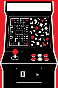An arcade cabinet screen where the left half is a neat blue maze with dots and the right half is a jumble of garbled multicolored tile shapes.
