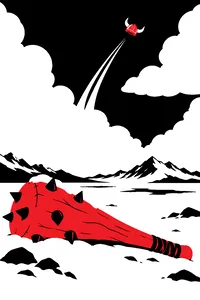 A huge wooden club resting in the snow on a tundra, a tiny horned helmet flying high into the clouds above it.