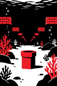An endless underwater level of coral and bricks looping into darkness, a single green pipe in the sand.