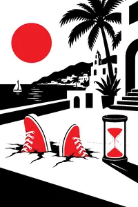 A pair of red sneakers sinking halfway through a solid floor in a sunny tropical town, a spinning hourglass beside them.