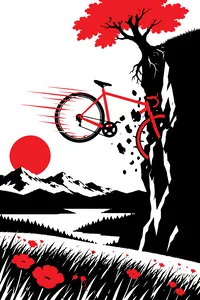 A wide grassy landscape with a tree half-buried in a cliff and a bicycle clipping through a rock, a choppy frame of motion blur.