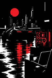 A dark tank-like car parked on a rainy rooftop next to a gaming PC with a hot overloaded graphics card glowing red.