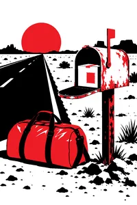 A shiny nylon duffel bag on a wasteland road next to a rusted mailbox holding an unopened box marked with a canvas texture swatch.