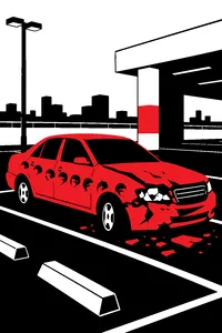 A wrecked red sedan in a bonus-stage parking lot, dented in a perfect chained sequence of fist-shaped marks.