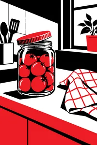 A glass jar on a counter with its metal lid just loosened, a dish towel beside it.
