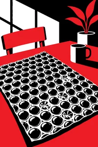 A sheet of bubble wrap on a table, a few bubbles flattened.