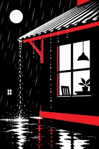Rain streaming off a corrugated tin roof over a lit window at night.