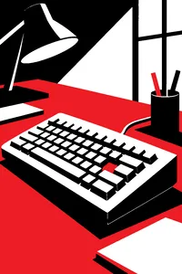 A heavy old beige keyboard on a desk, one key pressed down.