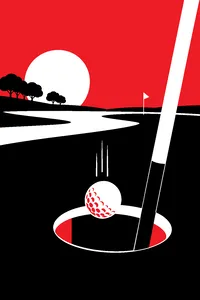A golf ball dropping into a cup on a putting green, the flagstick leaning out.