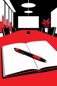 A retractable pen lying on an open notebook on a conference table.