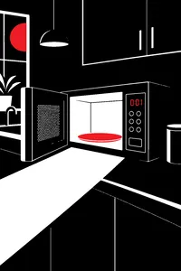 A microwave with its door just opened, its display reading one second, in a dark kitchen.