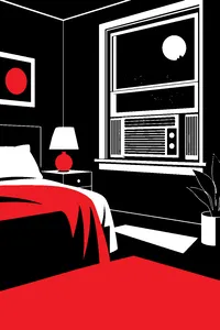 A window air conditioner in a quiet bedroom at night, its vents still.