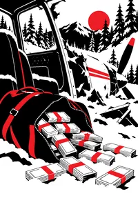 A canvas duffel bag spilling bundled hundred-dollar bills inside a snow-covered crashed small plane in a frozen forest.