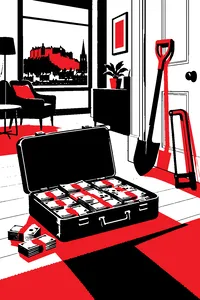 An open suitcase of banknotes on the floor of a bright Edinburgh flat, a hacksaw and a garden shovel leaning by the door.