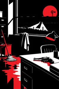 A smeared office floor with a mop bucket and a revolver on a desk, a lone car's headlights in a dark Texas field through the window.
