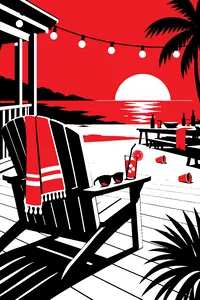 A beach-house deck chair with sunglasses and a drink placed on its armrest, a party going on behind it at sunset.