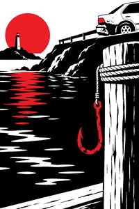 A rusty fishing hook hanging on a dock post over dark water, a dented car bumper on the coastal road above.