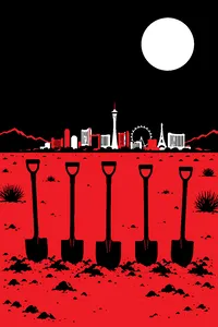 A desert at night with five shovels stuck upright in fresh dirt, the glow of a Las Vegas skyline in the distance.